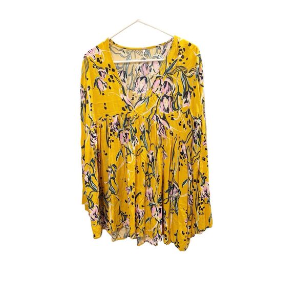 Free People Bella Floral Print Empire Tunic Top Golden Yellow Sz Small Boho - Picture 3 of 9